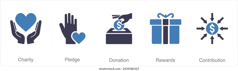 A set of 5 Crowdfunding icons as charity, pledge, donation