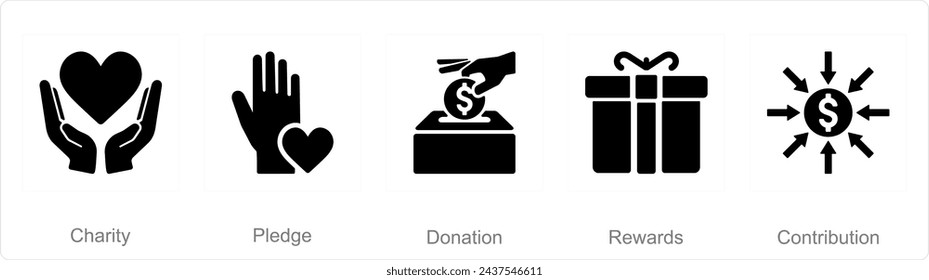 A set of 5 Crowdfunding icons as charity, pledge, donation