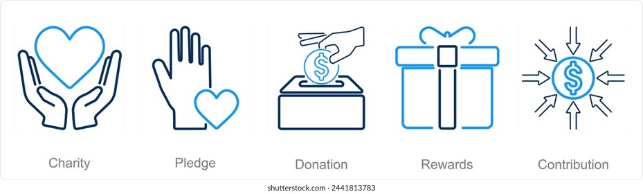 A set of 5 Crowdfunding icons as charity, pledge, donation