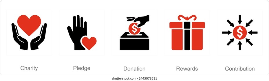 A set of 5 Crowdfunding icons as charity, pledge, donation