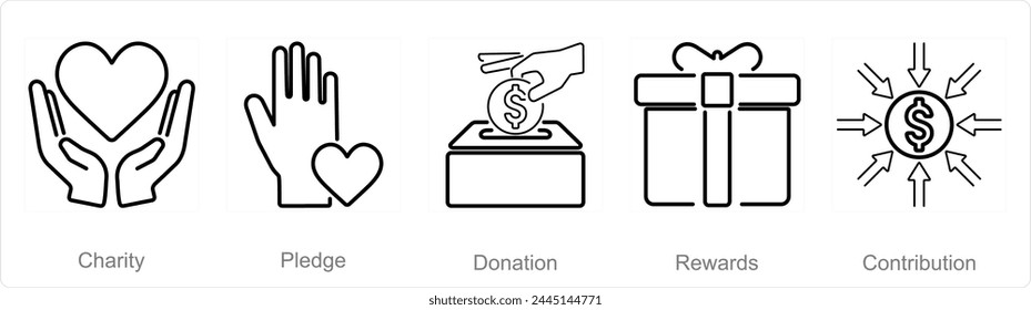 A set of 5 Crowdfunding icons as charity, pledge, donation