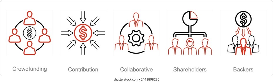 A set of 5 Crowdfunding icons as crowdfunding, contribution, collaborative