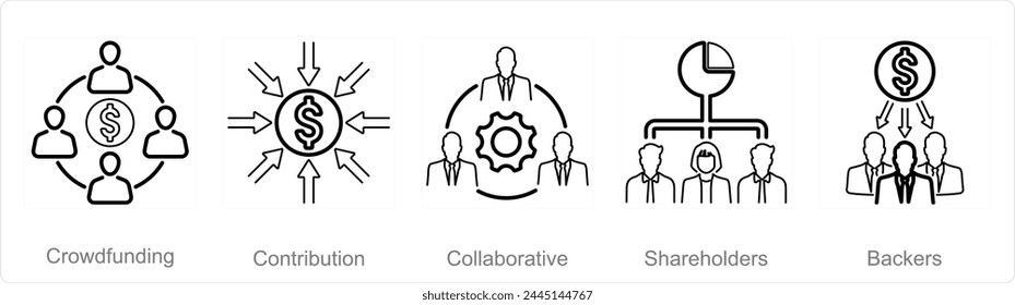 A set of 5 Crowdfunding icons as crowdfunding, contribution, collaborative