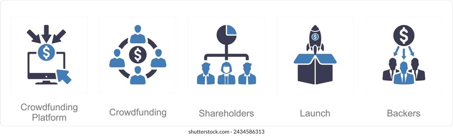 A set of 5 Crowdfunding icons as crowdfunding platform, crowdfunding, shareholders