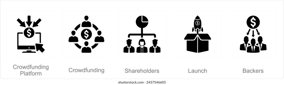 A set of 5 Crowdfunding icons as crowdfunding platform, crowdfunding, shareholders