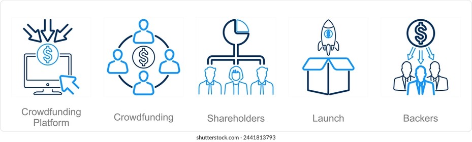 A set of 5 Crowdfunding icons as crowdfunding platform, crowdfunding, shareholders