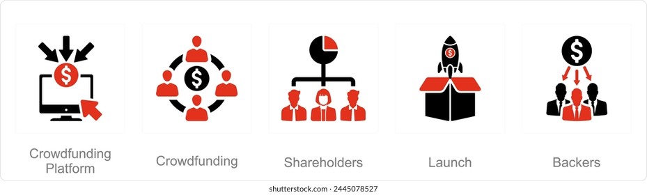 A set of 5 Crowdfunding icons as crowdfunding platform, crowdfunding, shareholders