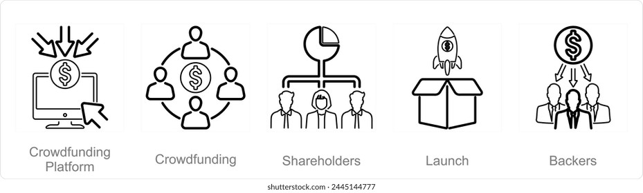 A set of 5 Crowdfunding icons as crowdfunding platform, crowdfunding, shareholders