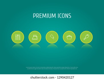 Set of 5 culinary icons line style set. Collection of saucepan, poultry foot, silverware and other elements.
