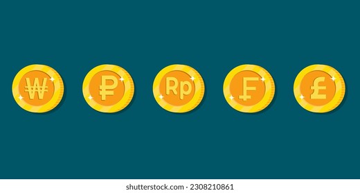 Set of 5 Currency icons, thin icon Flat style, vector illustration