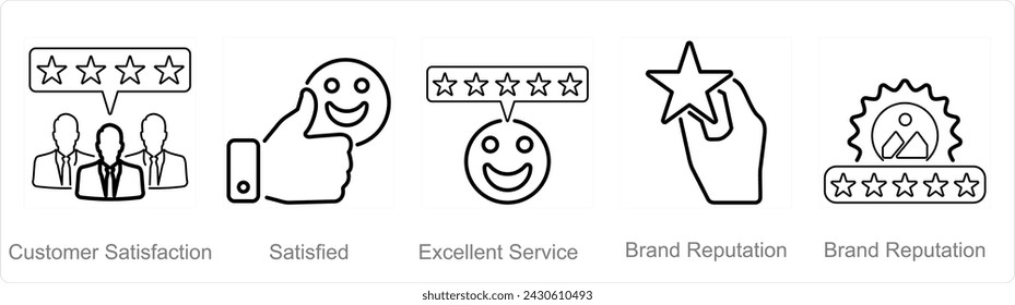 A set of 5 customer service icons as customer satisfaction, satisfied, excellent service