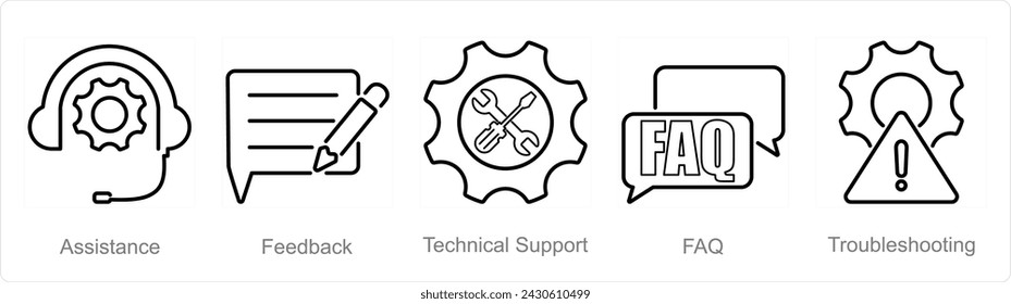 A set of 5 customer service icons as assistance, feedback, technical support