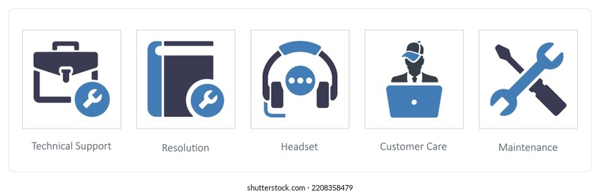 A set of 5 Customer Support icons such as Technical Support, Resolution and Headset
