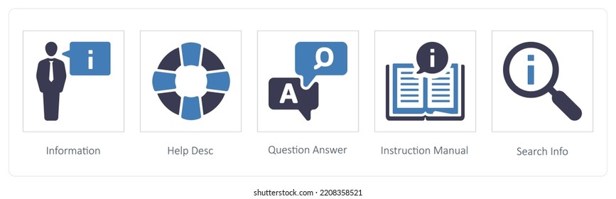 A set of 5 Customer Support icons such as Information, help desc and Question Answer