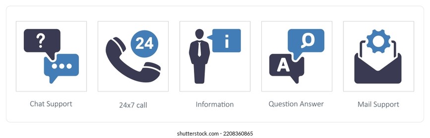 A set of 5 Customer Support icons such as chat support, 24x7 and information