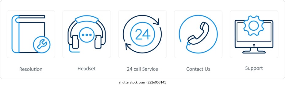 A set of 5 customer support icons such as resolution, headset, 24 call service