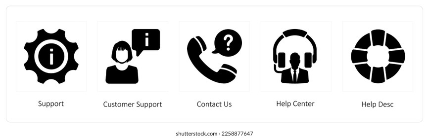 A set of 5 Customer Support icons such as Support, customer support and contact us