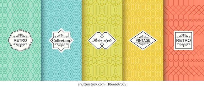 Set of 5 Cute bright seamless patterns. Vector illustration bright design. Collection of abstract seamless geometric patterns on vibrant background.