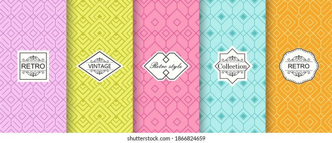Set of 5 Cute bright seamless patterns. Vector illustration bright design. Collection of abstract seamless geometric patterns on vibrant background.