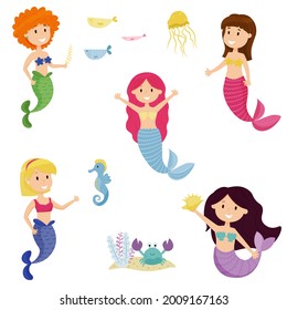 Set of 5 cute cartoon mermaids. Little mermaid girls with colored hairstyles and other elements of the underwater world