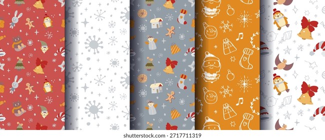 Conjunto de 5 adornos de Navidades sin costuras acogedores lindos con Elementos de invierno festivos. Perfecto para fondos de vacaciones, envolturas, tarjetas, textiles, envases, impresiones y diseños de temporada. Formato de Vector.