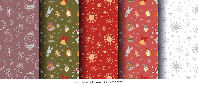 Conjunto de 5 adornos de Navidades sin costuras acogedores lindos con Elementos de invierno festivos. Perfecto para fondos de vacaciones, envolturas, tarjetas, textiles, envases, impresiones y diseños de temporada. Formato de Vector.