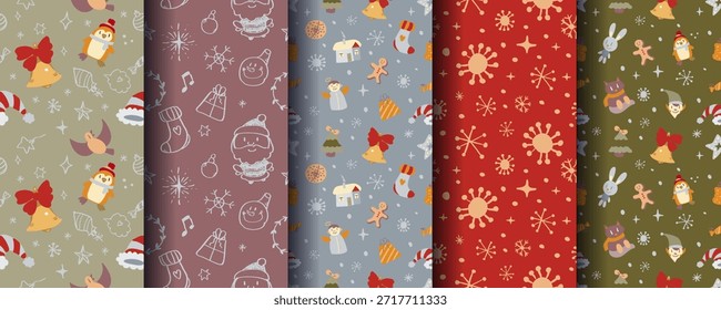 Conjunto de 5 adornos de Navidades sin costuras acogedores lindos con Elementos de invierno festivos. Perfecto para fondos de vacaciones, envolturas, tarjetas, textiles, envases, impresiones y diseños de temporada. Formato de Vector.