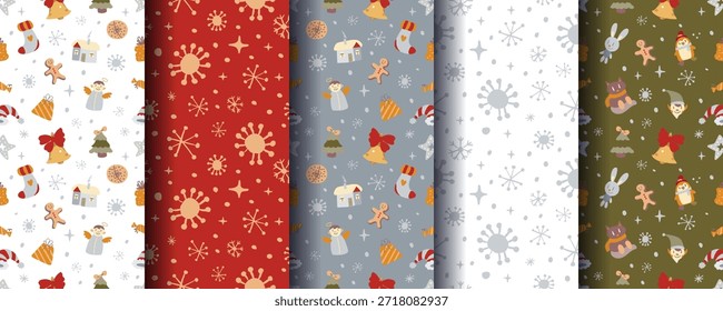 Conjunto de 5 adornos de Navidades sin costuras acogedores lindos con Elementos de invierno festivos. Perfecto para fondos de vacaciones, envolturas, tarjetas, textiles, envases, impresiones y diseños de temporada. Formato de Vector.