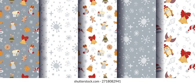 Conjunto de 5 adornos de Navidades sin costuras acogedores lindos con Elementos de invierno festivos. Perfecto para fondos de vacaciones, envolturas, tarjetas, textiles, envases, impresiones y diseños de temporada. Formato de Vector.