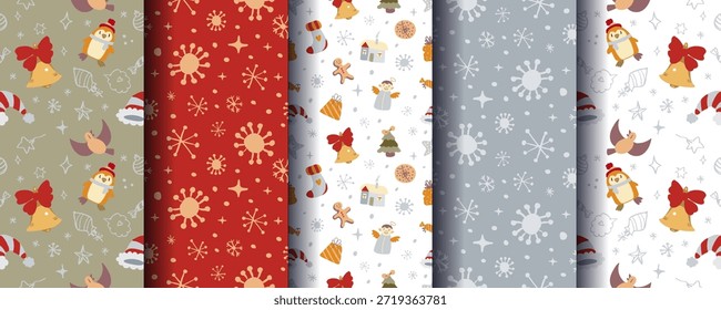 Conjunto de 5 ornamentos acolhedores de Natal sem costura bonitos com elementos festivos de inverno. Perfeito para fundos de férias, embalagem, cartões, têxteis, embalagem, impressões e desenhos sazonais. Formato de vetor.