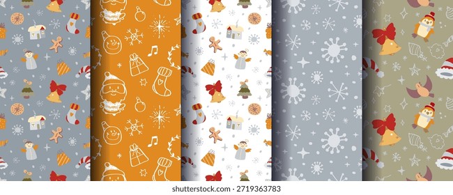 Conjunto de 5 ornamentos acolhedores de Natal sem costura bonitos com elementos festivos de inverno. Perfeito para fundos de férias, embalagem, cartões, têxteis, embalagem, impressões e desenhos sazonais. Formato de vetor.