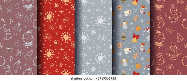 Conjunto de 5 ornamentos acolhedores de Natal sem costura bonitos com elementos festivos de inverno. Perfeito para fundos de férias, embalagem, cartões, têxteis, embalagem, impressões e desenhos sazonais. Formato de vetor.