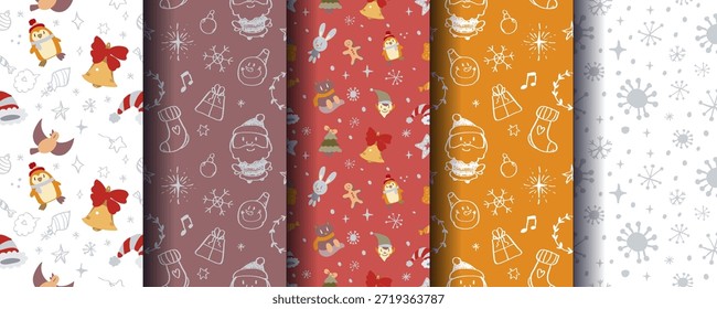 Set of 5 cute cosy seamless Christmas ornaments with festive winter elements. Perfect for holiday backgrounds, wrapping, cards, textiles, packaging, prints and seasonal designs. Vector format.