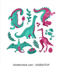 Set of 5 Cute dinosaur color hand drawn vector characters. Dino flat handdrawn clipart. Sketch jurassic reptile.Brachiosaurus. Tyrannosaurus.Isolated cartoon illustration for kids game, book, t-shirt