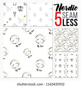 Set of 5 cute doodle kid patterns. Simple hand drawn scandinavian patterns with stars and little giraffe for nursery and child rooms. Editable vector compositions.