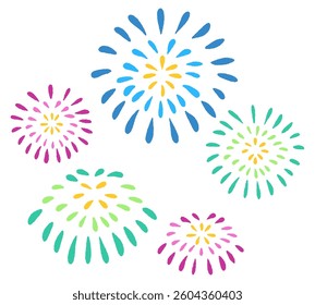 A set of 5 cute hand-drawn fireworks.