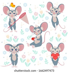Set of 5 cute mouse. Vector illustration in cartoon style:
A mouse with a butterfly net, happy, with a cup and surprised or scared