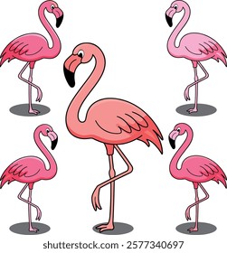 Set of 5 Cute pink flamingos vector art illustration