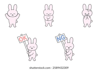 A set of 5 cute and relaxed rabbit poses