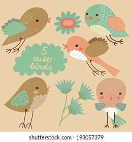 Set of 5 cute vector birds