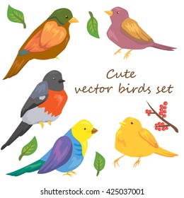 Set of 5 cute vector birds and decorative elements. eps8, great for invitation cards, polygraphy and web design