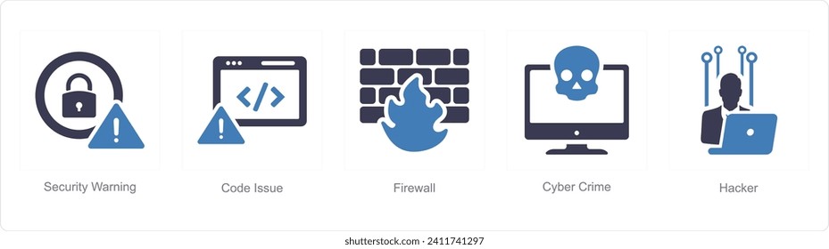 A set of 5 Cyber Security icons as security warning, code issue, firewall