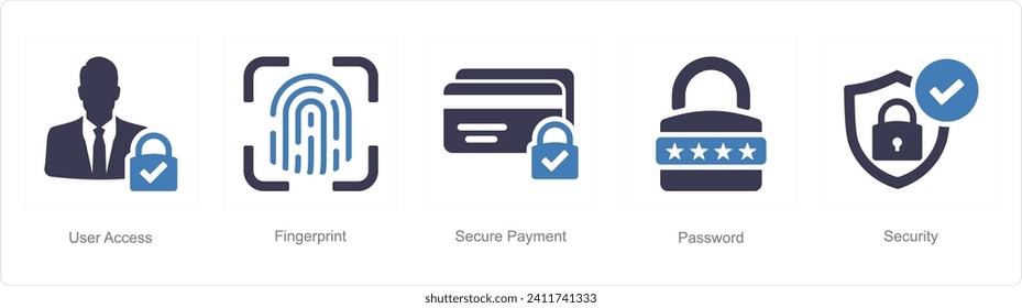 A set of 5 Cyber Security icons as user access, fingerprint, secure payment