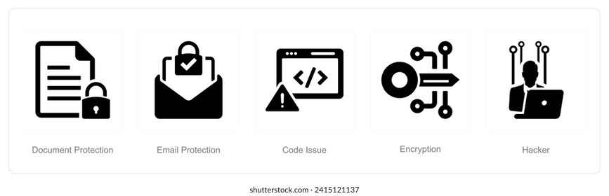 A set of 5 Cyber Security icons as document protection, email protection, code issue