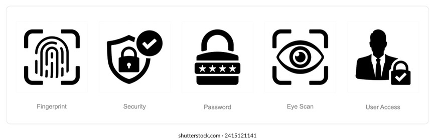 Un conjunto de 5 iconos de ciberseguridad como huella digital, seguridad, contraseña