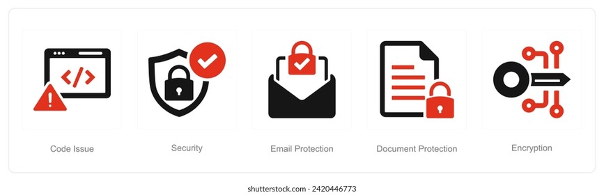 A set of 5 Cyber Security icons as code issue, security, email protection