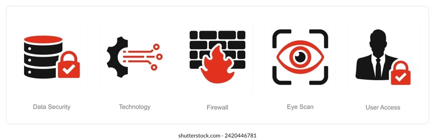 A set of 5 Cyber Security icons as data security, technology, firewall