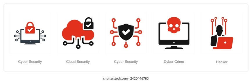 A set of 5 Cyber Security icons as cyber security, cloud security, cyber crime