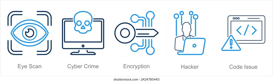 A set of 5 Cyber Security icons as eye scan, cyber crime, encryption