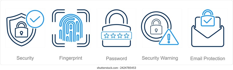 A set of 5 Cyber Security icons as security, fingerprint, password